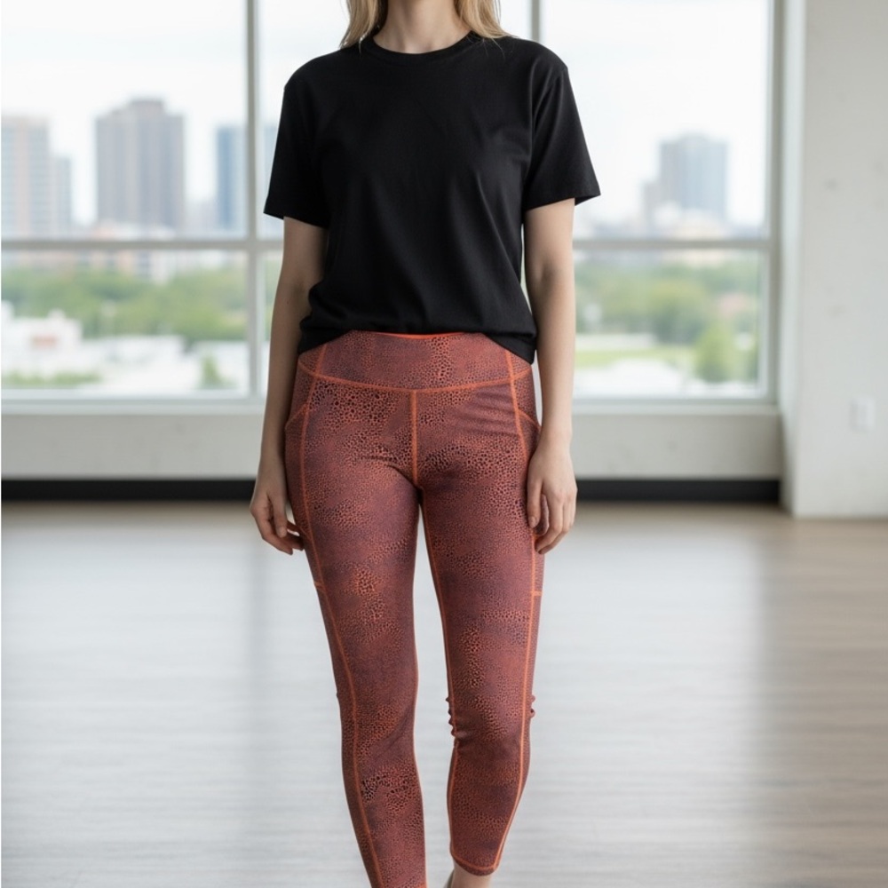 Lululemon Wunder Under High Rise 7/8 Leggings 12 Orange Navy Print Pockets
